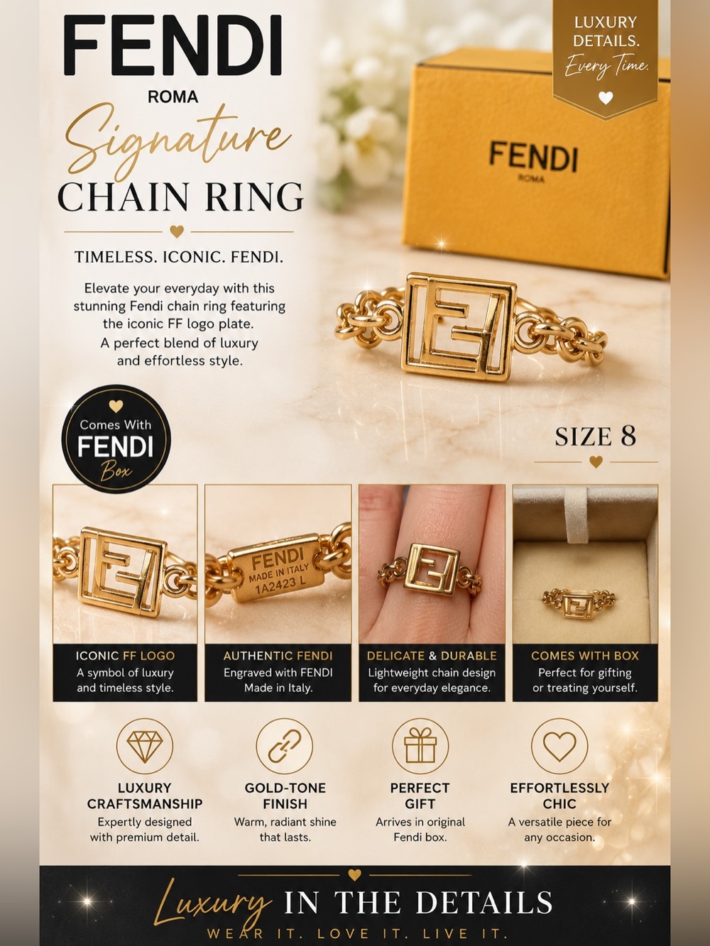 Fendi Gold Chain Ring with FF Logo Plaque